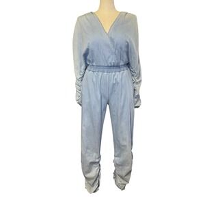 Womens Light Wash Denim Wrap Jumpsuit Ruched Sleeve Elastic Waist Casual‎